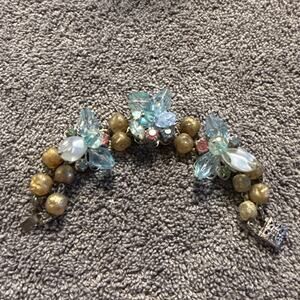 Vintage 1950s Aqua Blue Glass Cluster Bracelet Gold Sugared Beads Filigree Clasp